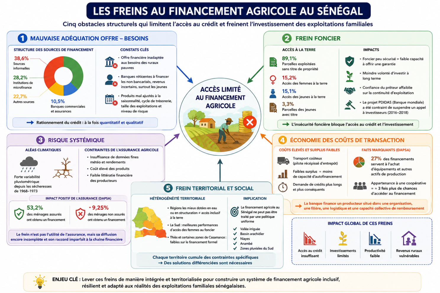 Illustration associée à l’analyse : Cette image résume cinq freins structurels qui limitent l’accès au financement agricole au Sénégal 